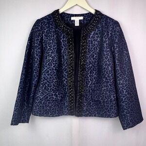 Chico's Textured Leopard Print Jacket Women Size0 Blue Black Beaded Trim Cropped